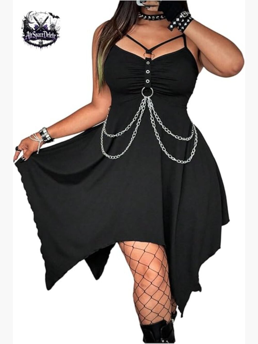 Plus Size Gothic Punk Chain Ruched Backless Mini Dress for Parties